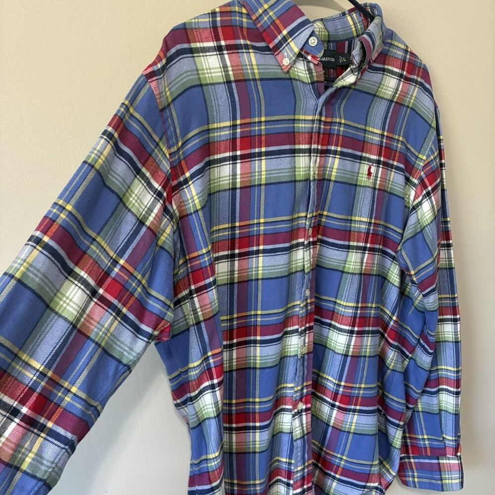 Ralph Lauren Classic Fit Blue Red Plaid Flannel Shirt Sz Large Pony Long Sleeve - Picture 2 of 10